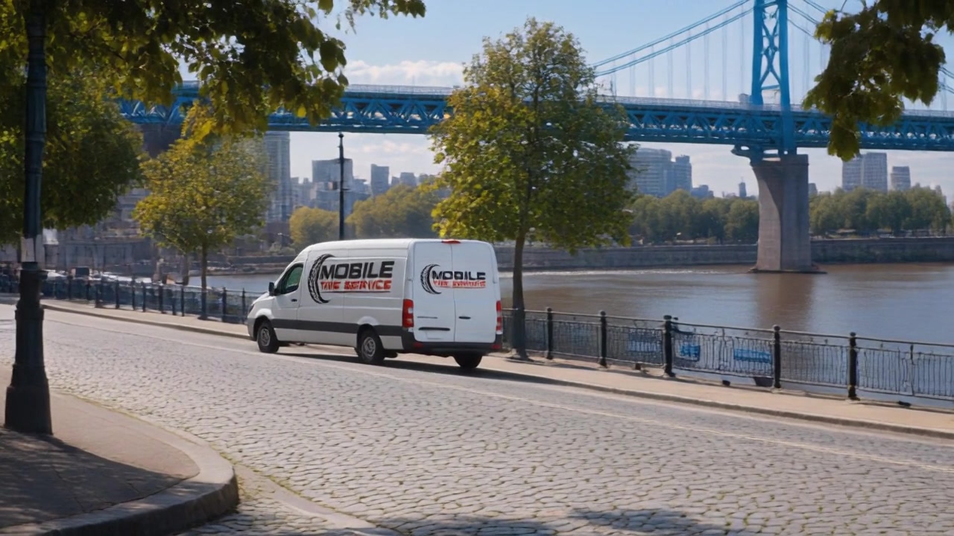 Mobile Tire Service branded van parked along a riverfront street with a suspension bridge and city skyline in the background