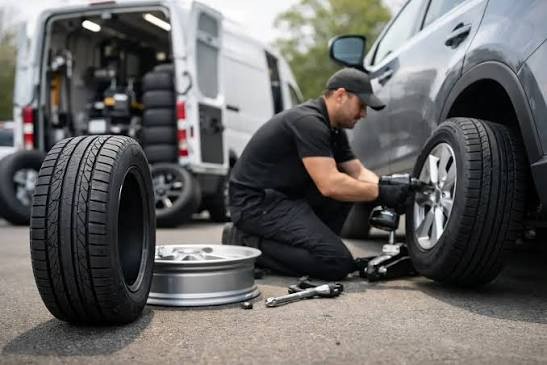 Mobile tire technician kneeling beside a customer's SUV on location